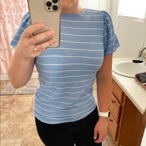 Blue and white stripped top with puff sleeves
